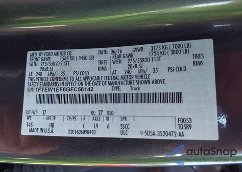 2016 Ford F-150 Lariat z USA, uszkodzony, nr VIN 1FTEW1EF6GFC56142